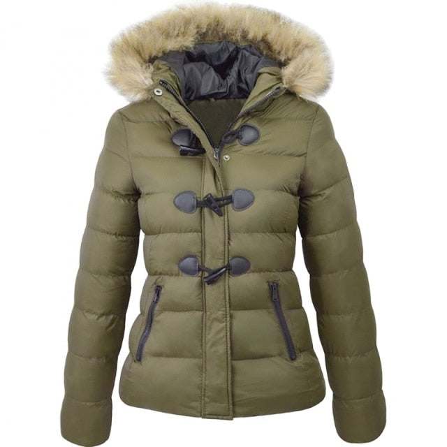 Parkas Winter Jacket Warm Casual Fur Collar Horn Buckle JacketsWomen's Parkas Winter Jacket Warm Casual Fur Collar Horn Buckle Jacket