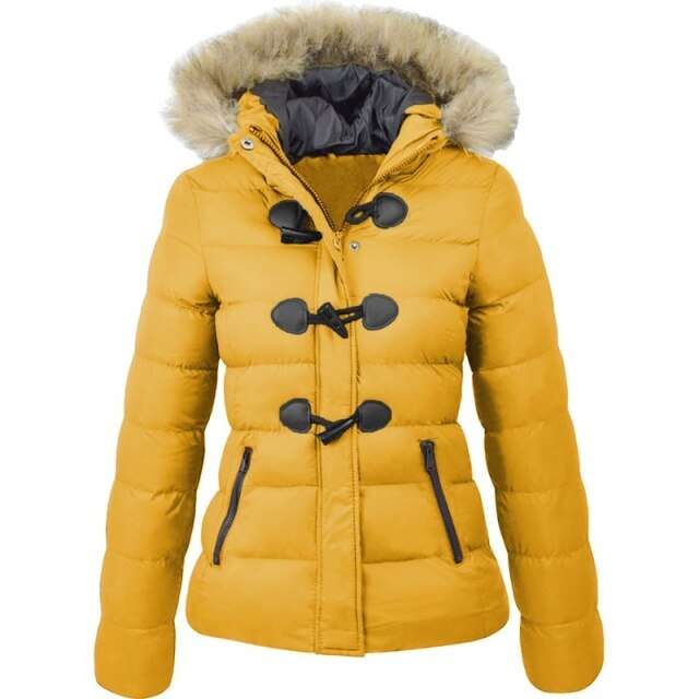Parkas Winter Jacket Warm Casual Fur Collar Horn Buckle JacketsWomen's Parkas Winter Jacket Warm Casual Fur Collar Horn Buckle Jacket