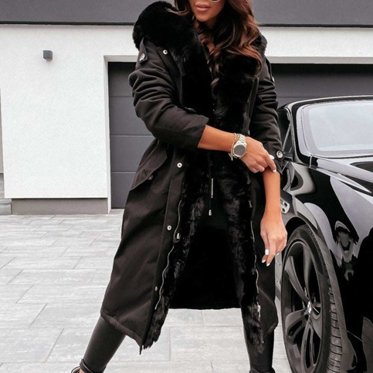 Long Cotton Padded Coat Fashion Solid Fake Fur Patchwork JacketWomen&