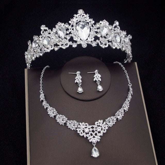Luxury Crystal Bridal Jewelry Sets Women's Tiaras Earrings Choker Necklace - Acapparelstore