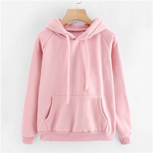 Casual Pink Sweatshirt Kangaroo Pocket Drawstring PulloversWomen&