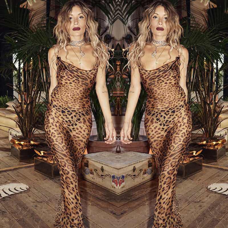 Women's sleeveless print Leopard women long dress - Acapparelstore