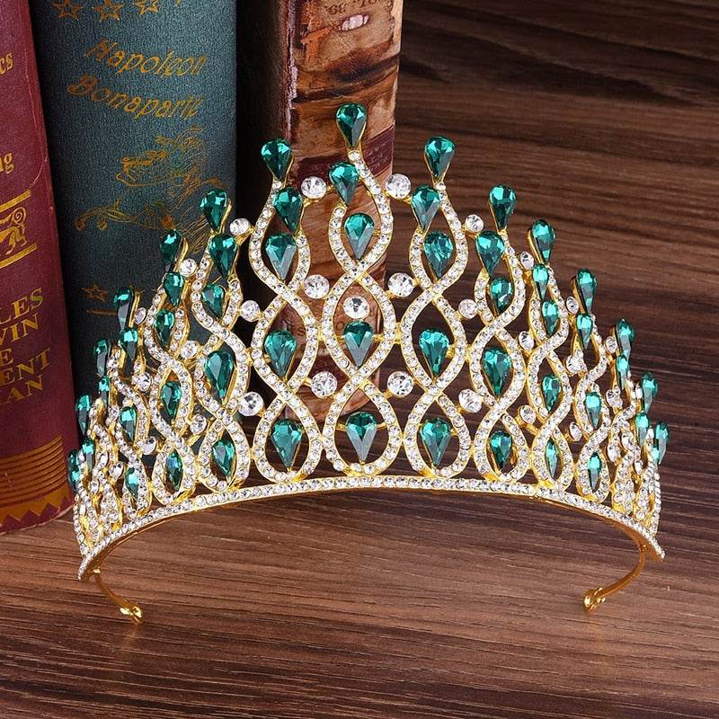 Huge Tall European Green Red Blue Crystal Tiaras Vintage Gold Rhinestone - Acapparelstore