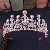 Luxury Pink Crystal Leaf Wedding Crown Queen Tiara Bride Headband Bridal Accessories - Acapparelstore