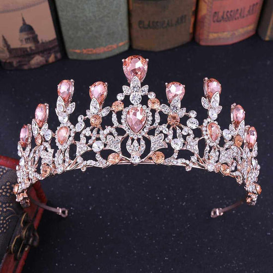 Luxury Pink Crystal Leaf Wedding Crown Queen Tiara Bride Headband Bridal Accessories - Acapparelstore