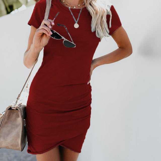 Summer Short Sleeve Solid Bodycon Slim Party DressWomen&