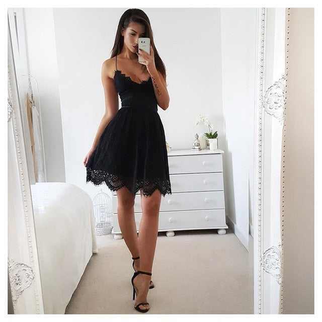 Neck Backless Lace Short Casual DressWomen&