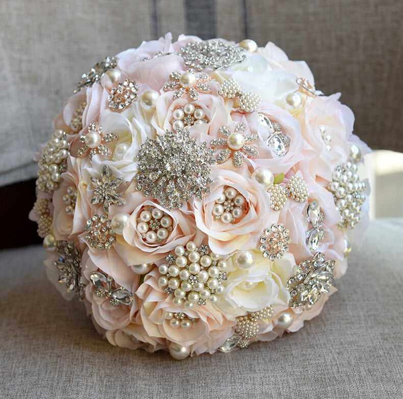 Round Blush Wedding Bouquet Teardrop Butterfly Brooches Bouquet - Acapparelstore